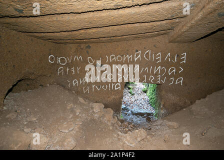 Thansinas tomb with etruscan inscription, Necropolis of San Giuliano, Marturanum Regional Park, Viterbo, Lazio, Italy Stock Photo