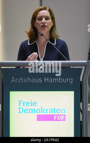 Hamburg, Germany. 28th Sep, 2019. Sonja Jacobsen, journalist and candidate for first place on the list, speaks at the state general assembly of the FDP Hamburg on the occasion of the establishment of the state list for the 2020 elections. Credit: Georg Wendt/dpa/Alamy Live News Stock Photo