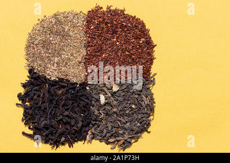 Assorted four types of dry tea: green, black leaf, rooibos superior, herbal mixed on a smooth yellow background Stock Photo