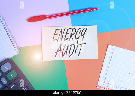 Handwriting text Energy Audit. Conceptual photo assessment of the energy needs and efficiency of a building Office appliance colorful square desk stud Stock Photo