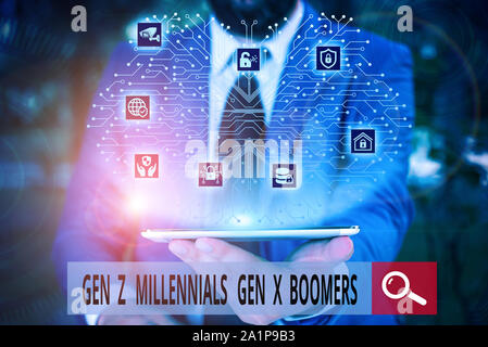 Conceptual hand writing showing Gen Z Millennials Gen X Boomers. Concept meaning Generational differences Old Young showing Male wear formal work suit Stock Photo