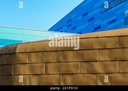 A detail of the patchwork of colours and angular modern design of  Bournville College - South & City College, Longbridge, Birmingham. Stock Photo