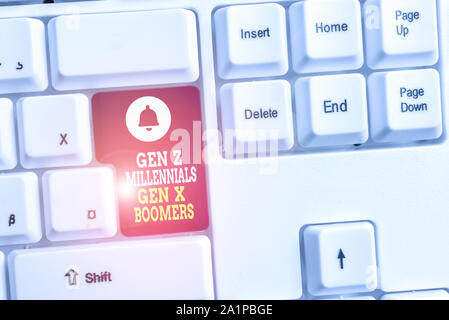 Writing note showing Gen Z Millennials Gen X Boomers. Business concept for Generational differences Old Young showing White pc keyboard with note pape Stock Photo