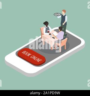 Isometric vector illustration, book the table online via smartphone concept Stock Vector