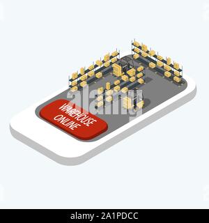 Smart warehouse management system app. Smartphone with warehouse shelves and forklifts and warehouse online button. Isometric vector illustration. Stock Vector