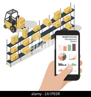 Smart warehouse management system app.Worker hand holding phone with warehouse control infographic app. Isometric vector illustration. Stock Vector