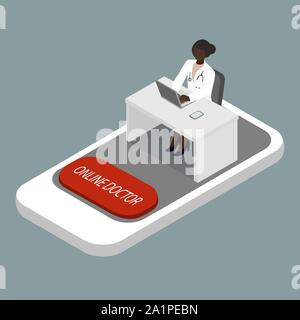 Online doctor consultation via smartphone concept, isometric vector illustration Stock Vector