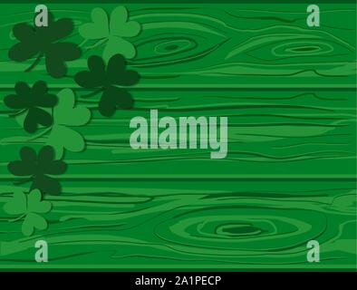 Hand drawn vector cartoon green wooden background with shamrock leaves. st patrick's day. Stock Vector