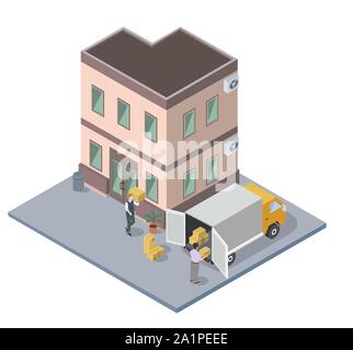 Gay couple moving and loading packed boxes, house hunt, vector isometric Stock Vector