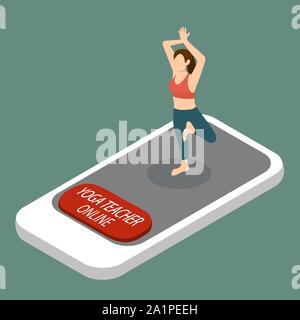 Training class with yoga teacher online, web technologies in education, vector isometric Stock Vector