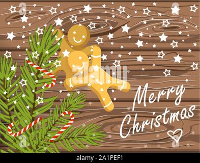 Hand drawn Christmas vector background, brown wooden texture with christmas tree branches, candy canes, gingerbread men and merry christmas lettering Stock Vector
