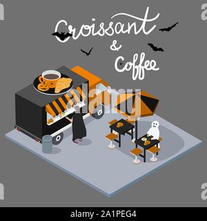 Isometric Halloween concept Coffee and croissant Cafe with script lettering. Coffee break Food Truck Delivery Master. Street Food Chef Infographic. 3D Stock Vector