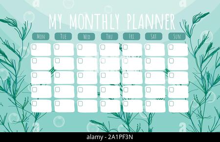 Marine life monthly planner/schedule with seaweeds.  Vector stationary template Stock Vector