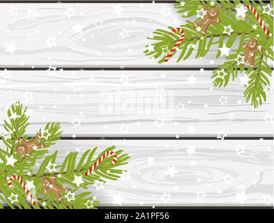 Hand drawn Christmas vector background, white wooden texture with christmas tree branches, candy canes, star shape snowflakes and gingerbread men Stock Vector