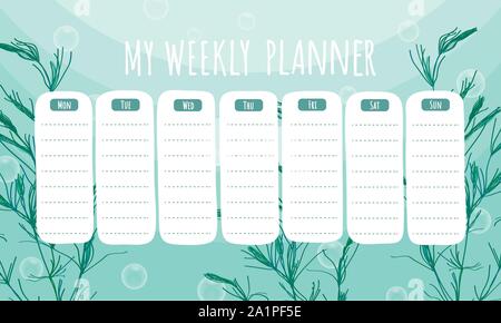Marine life weekly planner with seaweeds.  Vector stationary template Stock Vector