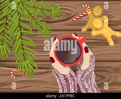 Hand drawn Christmas vector background, Hands in knitted gloves holding red cup of coffee on brown wooden table with chritmas tree branches, candy can Stock Vector