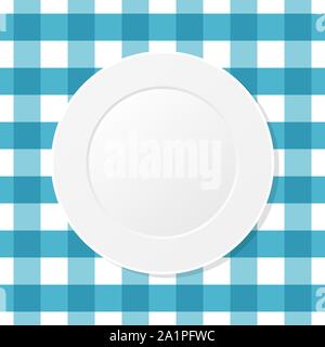 White plate on a blue checkered tablecloth. Empty dish on a kitchen table cloth. Seamless pattern. Table setting for dinner. Meal, plaid blue pattern. Stock Vector