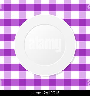 White plate on a violet checkered tablecloth. Empty dish on a kitchen table cloth. Dining, eating. Table setting for dinner. Meal,plaid purple pattern Stock Vector
