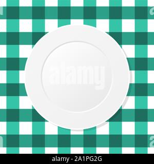White plate on a green checkered tablecloth. Empty dish on a kitchen table cloth. Dining, eating. Table setting for dinner. Meal,plaid pattern. Vector Stock Vector