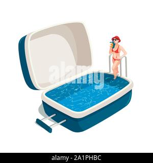 Vector illustration of young woman with a cocktail, stepping into the swimming pool in the open suitcase. Travel concept Stock Vector