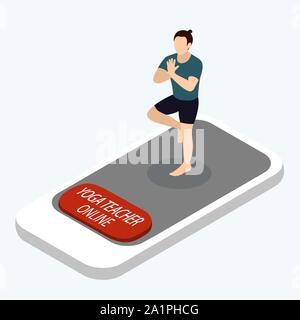 Training class with yoga teacher online, web technologies in education, vector isometric Stock Vector