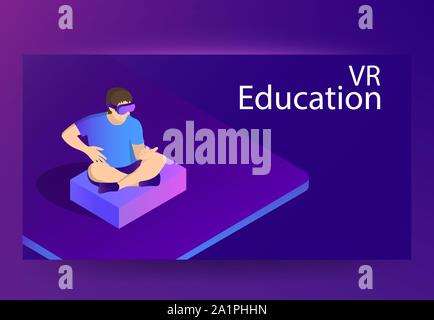 Man wearing virtual reality headset. VR Education concept. Vector isometric banner /flyer template Stock Vector