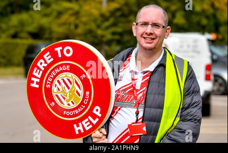Stevenage, UK. 28th Sep, 2019. Stevenage FC volunteer before the EFL Sky Bet League 2 match between Stevenage and Cambridge United at the Lamex Stadium, Stevenage, England on 28 September 2019. Photo by Phil Hutchinson. Editorial use only, license required for commercial use. No use in betting, games or a single club/league/player publications. Credit: UK Sports Pics Ltd/Alamy Live News