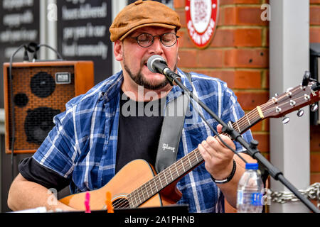 Stevenage, UK. 28th Sep, 2019. Stevenage's match day busker performs before the EFL Sky Bet League 2 match between Stevenage and Cambridge United at the Lamex Stadium, Stevenage, England on 28 September 2019. Photo by Phil Hutchinson. Editorial use only, license required for commercial use. No use in betting, games or a single club/league/player publications. Credit: UK Sports Pics Ltd/Alamy Live News