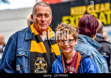 Stevenage, UK. 28th Sep, 2019. Two Cambridge supporters ready for the EFL Sky Bet League 2 match between Stevenage and Cambridge United at the Lamex Stadium, Stevenage, England on 28 September 2019. Photo by Phil Hutchinson. Editorial use only, license required for commercial use. No use in betting, games or a single club/league/player publications. Credit: UK Sports Pics Ltd/Alamy Live News