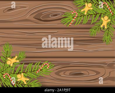 Hand drawn Christmas vector background, brown wooden texture with christmas tree branches, candy canes and gingerbread men Stock Vector
