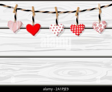 Hand drawn vector cartoon white wooden planks boards texture with handmade textile hearts hanging. St.Valentine's concept Stock Vector