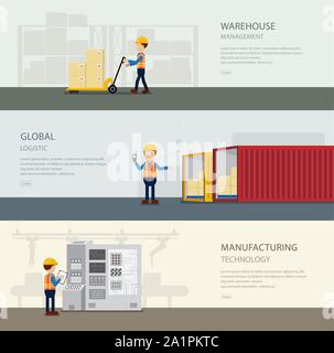 Set of warehoue banners with worker in process vector illustration Stock Vector