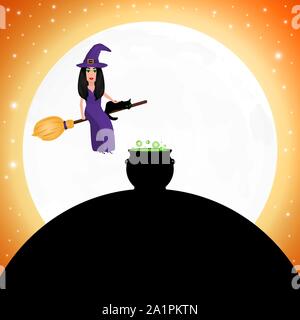 Witch with a cat on a broomstick for Halloween against the background of the moon Stock Vector