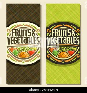 Vector vertical banners for Fruits and Vegetables, decorative handwritten script for title text fruits & vegetables, vintage round frame with pineappl Stock Vector