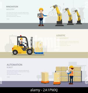 Set of warehoue banners with worker in process vector illustration Stock Vector