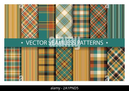 Set plaid pattern seamless. Tartan patterns fabric texture. Checkered geometric vector background. Scottish stripe blanket backdrop. Fashion cloth col Stock Vector