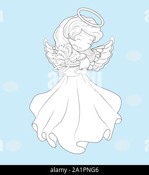 Coloring book, beautiful, charming little girl, Christmas angel, in white dress with gift. The picture in hand drawing style, Holiday and Greeting car Stock Vector