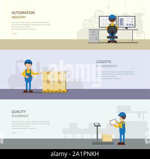 Set of warehoue banners with worker in process vector illustration Stock Vector