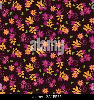 seamless vector pattern with pink and yellow flowers and green hearts on a dark background Stock Vector