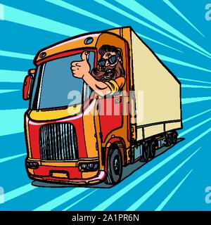 truck driver. man with beard thumbs up. Comic cartoon pop art retro vector illustration drawing Stock Vector