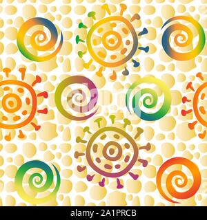 Seamless Pattern with Symbolical Colorful Suns Rings and Spirals on Abstract Tile Background. Vector Stock Vector