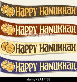Vector set of ribbons for Hanukkah holiday, curved banners with golden coins, original decorative font for text happy hanukkah on abstract background, Stock Vector