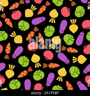 Outline seamless vegetable background flat illustration. Modern seamless texture black background design with tomato, eggplant, cabbage and carrot, turnip vegetable silhouette in natural colors Stock Photo