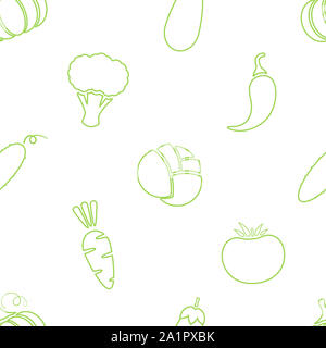 Outline vegetable seamless pattern flat illustration. Natural food pattern design with line vegetable seamless texture in green and white colors for organic fabric print or wallpaper template. Stock Photo