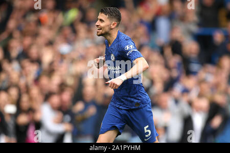 Chelsea's Jorginho celebrates scoring his side's first goal of the game from the penalty spot during the Premier League match at Stamford Bridge, London. Stock Photo