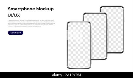 Three phones in a row realistic smartphone template mockup for user experience presentation. Stylish concept design for websites, applications and Stock Vector