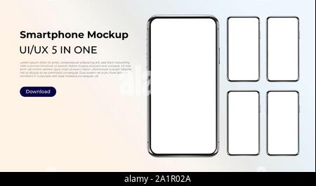Five phones in a row realistic smartphone template mockup for user experience presentation. Stylish concept design for websites, applications and Stock Vector