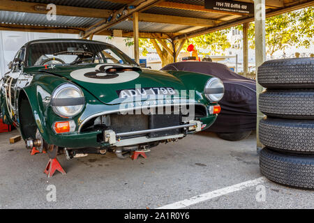 1964 Sunbeam Lister Tiger in the paddock being prepared for the RAC TT Celebration race at the 2019 Goodwood Revival, Sussex, UK. Stock Photo