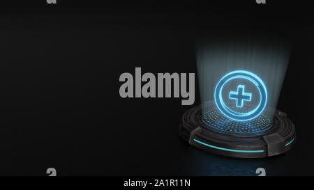 blue stripes digital laser 3d hologram symbol of circle with plus add render on old metal sci-fi pad background Stock Photo
