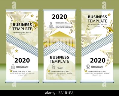 Roll up Christmas business banners. Vertical template New Year vector abstract background. with gold stars. Stock Vector